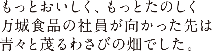 もっとおいしく、もっとたのしく　万城食品の社員が向かった先は青々と茂るわさびの畑でした。